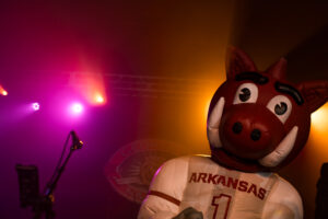 Wedding reception at George's Majestic Lounge in Fayetteville, Arkansas featuring the Razorback mascot